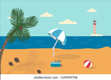 Summer beach with a lighthouse and ocean on a background. flat style. Vector