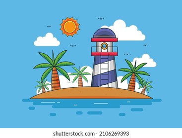 Diseño de la playa de verano con faro y palmeras