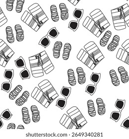 Summer beach line art hand drawn vector seamless pattern with sunglasses and flip flops, Summer Beach collection. 