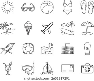 Summer Beach Line Art Icons Vacation and Relaxation