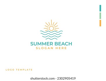 summer beach line art logo vector. palm tree, sun and sea waves icon design