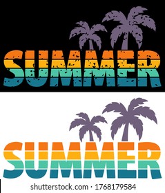 Summer beach line distressed vector t-shirt design with palm trees silhouette and word "SUMMER". Can be used for dark and light shirts.