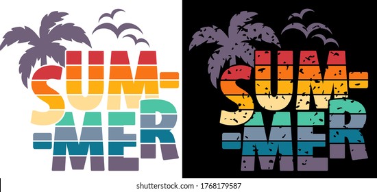 Summer beach line distressed vector t-shirt design with palm trees silhouette and word "SUMMER". Can be used for dark and light shirts.