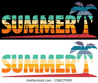 Summer beach line distressed vector t-shirt design with palm trees silhouette and word "SUMMER". Can be used for dark and light shirts.