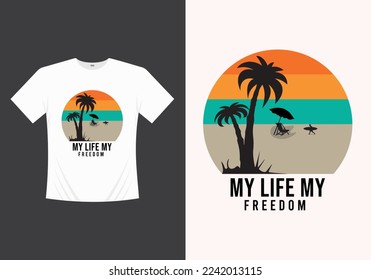 Summer beach line distressed vector t-shirt design with palm trees silhouette illustration, for t-shirt print and other uses.