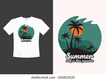 Summer beach line distressed vector t-shirt design with palm trees silhouette illustration, for t-shirt print and other uses.