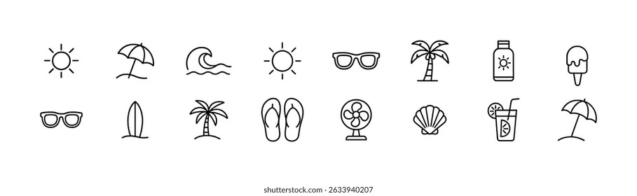 Summer, beach line icon set - simple, vacation, holiday, tropical, seaside symbols