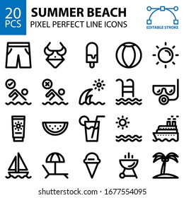 summer beach line icons bundle pixel perfect editable stroke