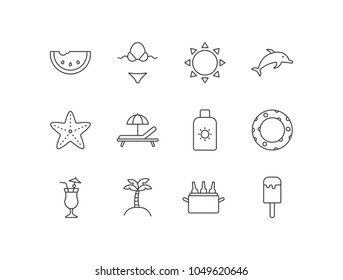 Summer and beach line icons set with watermelon slice, swimsuit, sun, dolphin, starfish, chaise-longue, sunscreen, safety tube, cocktail, tropical island, beer cooler, popsicle.