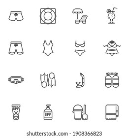 Summer beach line icons set, outline vector symbol collection, linear style pictogram pack. Signs, logo illustration. Set includes icons as deckchair, cocktail glass, swimsuit, swim goggles, flippers