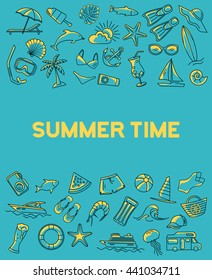 Summer Beach Line Objects Card Template. Summer drinks , food, clothes, beach activity, transportation, leisure beach time items. ships, yachts, camper, swimsuits, flippers, flip flops, glasses,etc