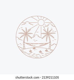 Playa de verano en línea, playa en una isla tropical, inspiración de diseño de estilo de arte lineal