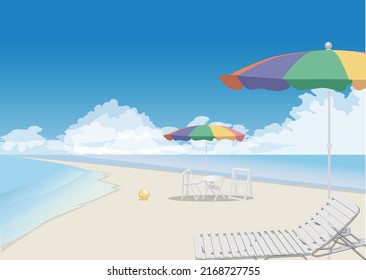 Summer beach lined with parasols.vector illustration