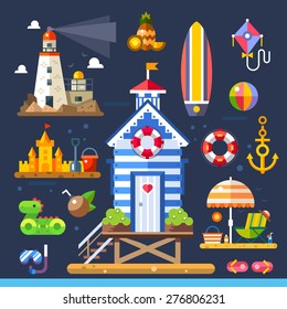 Summer beach. Living near the sea. Kids fun - beach ball, sand castle. Job sailor - lighthouse, anchor. Water sports - surfboard, diving. Vector flat illustration