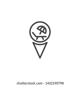 Summer beach location pin line icon. linear style sign for mobile concept and web design. Map marker with Sunbathing chair and parasol outline vector icon. Symbol, logo illustration. Vector graphics