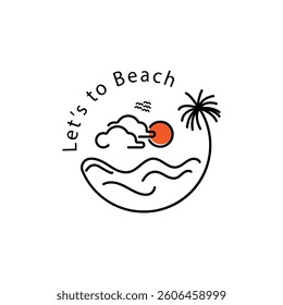Summer beach logo with abstract line style in a circle with illustration of sea, coconut trees, sun and clouds