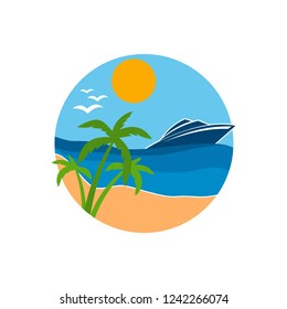 summer beach logo design with palm tree vector illustration and cruise ships