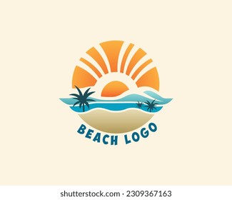 Summer Beach logo design template with sunlight and sand with palms, simple gradient summer colors