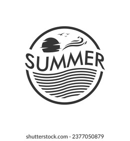 Summer beach logo emblem line art with sun, wave icons vector design silhouette isolated