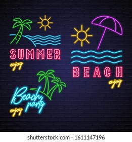 Summer and Beach Logo Icons Neon Light Glowing Vector Illustration