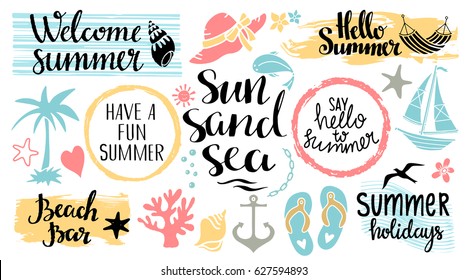 Summer Beach Logo, Icons, Signs. Hand Drawn Isolated On White Background. Handwritten Font, Lettering