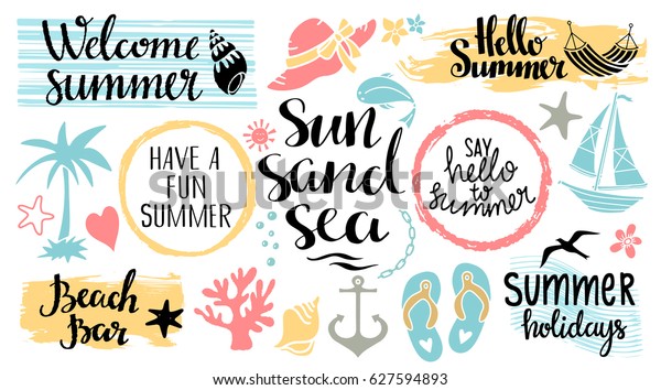 夏のビーチのロゴ アイコン 標識 白い背景に手描きの画像 手書きのフォント 文字 のベクター画像素材 ロイヤリティフリー