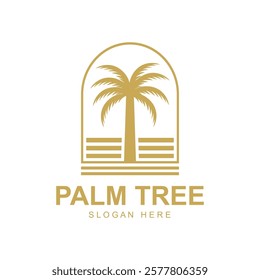 summer beach logo with palm tree and waves  paradise  template vector design