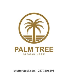 summer beach logo with palm tree and waves  paradise  template vector design