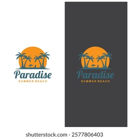 summer beach logo with palm tree and waves  paradise  template vector design