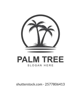 summer beach logo with palm tree and waves  paradise  template vector design