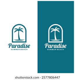 summer beach logo with palm tree and waves  paradise  template vector design