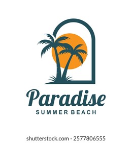 summer beach logo with palm tree and waves  paradise  template vector design