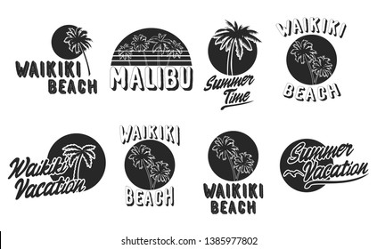 Summer beach logo set. Vector illustration. Retro serif and script typeface and logo. Summer style. California, Hawaii, Waikiki beach.