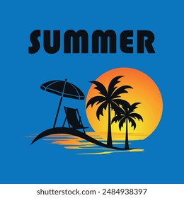 Summer. Summer beach logo with sun, palm trees, umbrella and sun lounger on the seashore and flying seagulls. Isolated vector emblem for summer travel, vacation or free time. Isolated vector on blue b