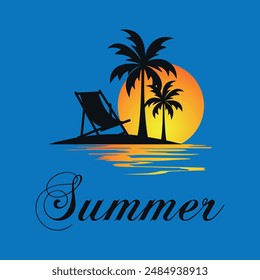 Summer. Summer beach logo with sun, palm trees and sun lounger on the seashore and flying seagulls. Isolated vector emblem for summer travel, vacation or free time. Isolated vector on blue background.