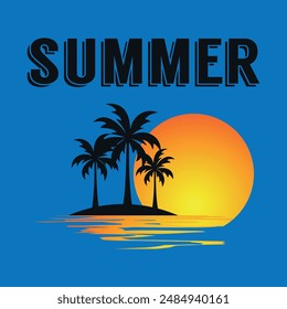 Summer. Summer beach logo with sun, palm trees on the seashore and flying seagulls. Isolated vector emblem for summer travel, vacation or free time. Isolated vector on blue background.