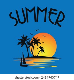 Summer. Summer beach logo with sun, palm trees and a ship on the seashore and flying seagulls. Isolated vector emblem for summer travel, vacation or free time. Isolated vector on blue background.