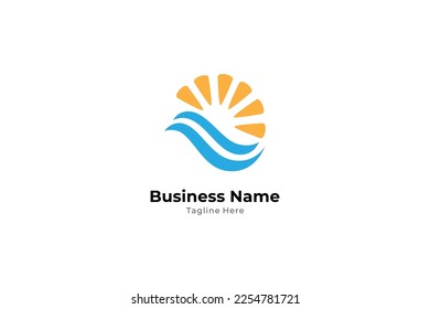 Sommer-Strandlogo, Sonne und Wellen Symbol im flachen Design