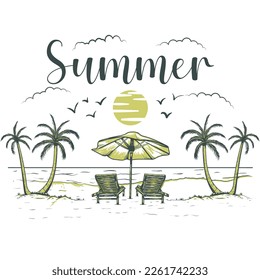 Summer Beach Logo-Beach Sunset Logo- Hand Drawing Beach Sunset Vector Illustration Isolated Image 