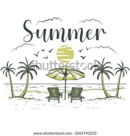 Summer Beach Logo-Beach Sunset Logo- Hand Drawing Beach Sunset Vector Illustration Isolated Image 