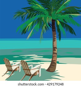 Summer Beach with lounge chairs under Tropical Palm tree. Vector background card 