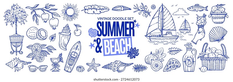 Playa de verano. Conjunto de vacaciones mediterráneas. Iconos de playa de mar de verano de Doodle de Italia, Grecia o Francia. Ilustración de comida de mar mediterránea. Coastal Italian Amalfi limón, barco, hoja de palma, sol, yate bg