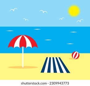 Summer beach minimal vector background design with colorful beach elements. Vector illustration