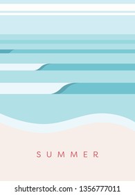 Summer beach minimalist vector poster template with beautiful art design. Waves breaking, surfing, tropical paradise. Symbol of holiday, vacation and relax. Eps10 vector illustration.