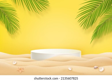 Summer beach mock up with podium for product display in fresh yellow background 