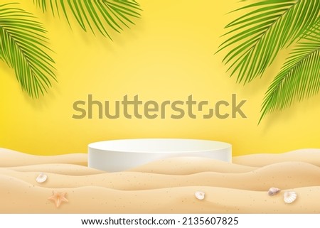 Summer beach mock up with podium for product display in fresh yellow background 
