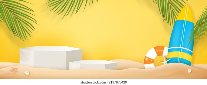 Summer beach mock up with podiums for product display in fresh yellow banner background 