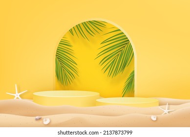 Summer beach mock up with podiums for product display in fresh yellow background 