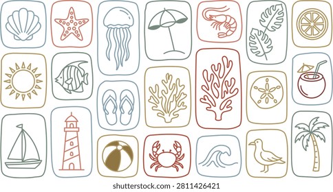 Summer Beach Monoline Doodle Icon Collection