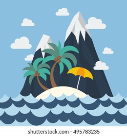 Summer beach and mountain in flat style